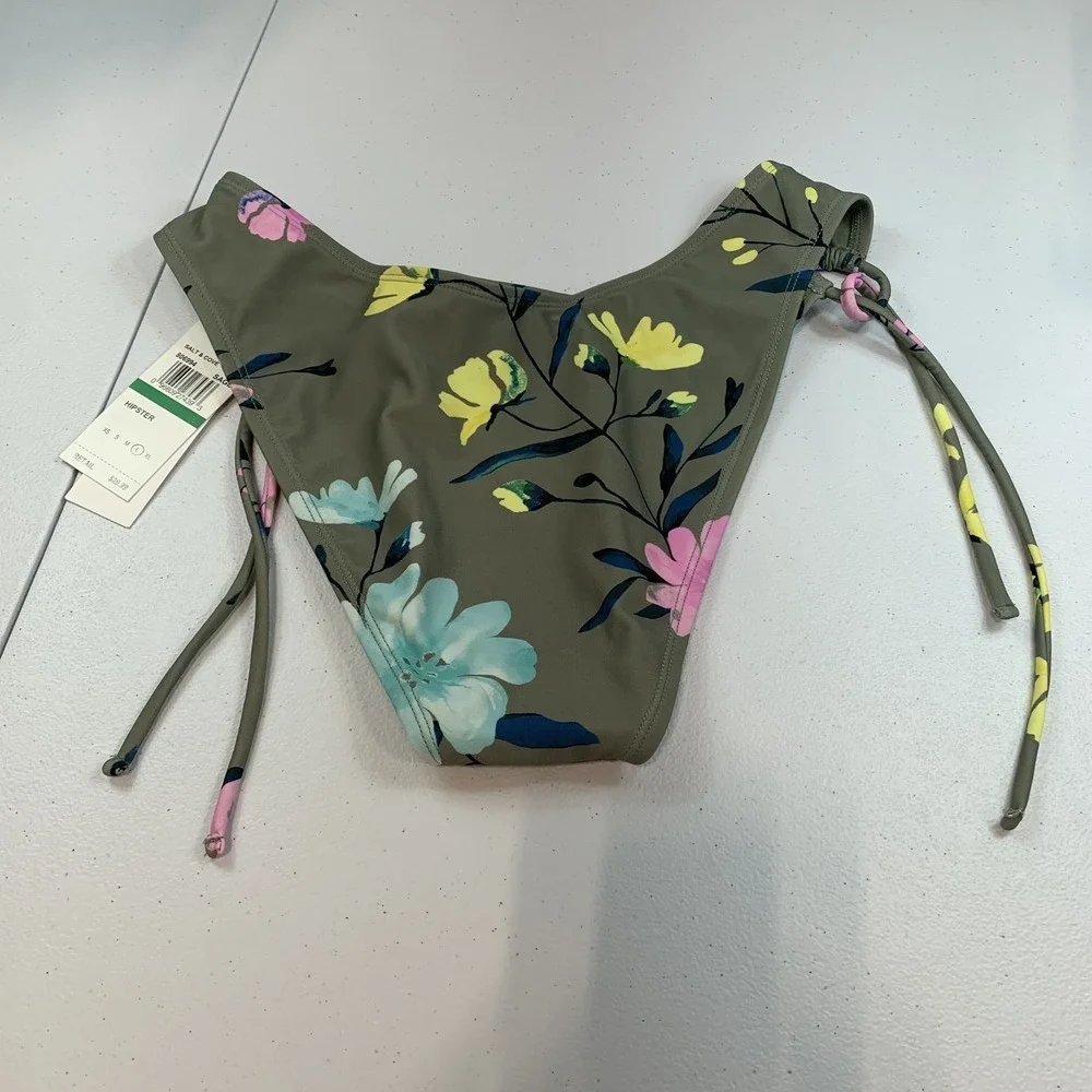 Salt & Cove Junior's Swim Bikini Bottom L Green Floral Side Tie String Beach